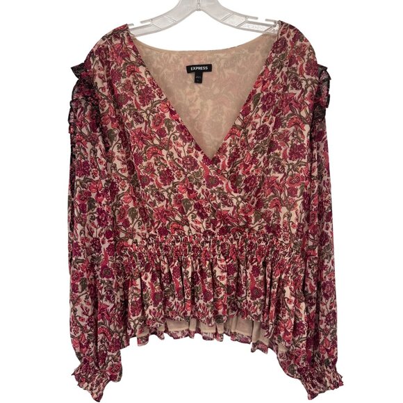 Express Floral Print Surplice Blouse  Smocked Waist  Ruffled Cuffs size XL - Picture 1 of 12